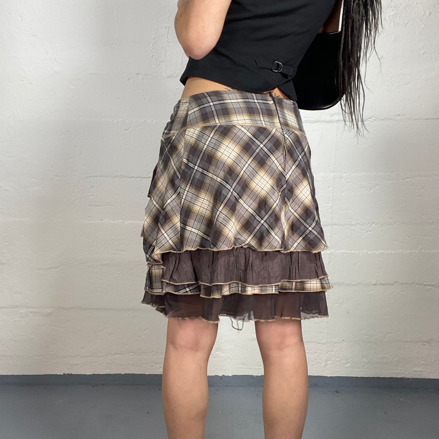 Vintage 90's Grunge Girl Brown Mini Layered Volant Skirt with Tartan Print (S/M)