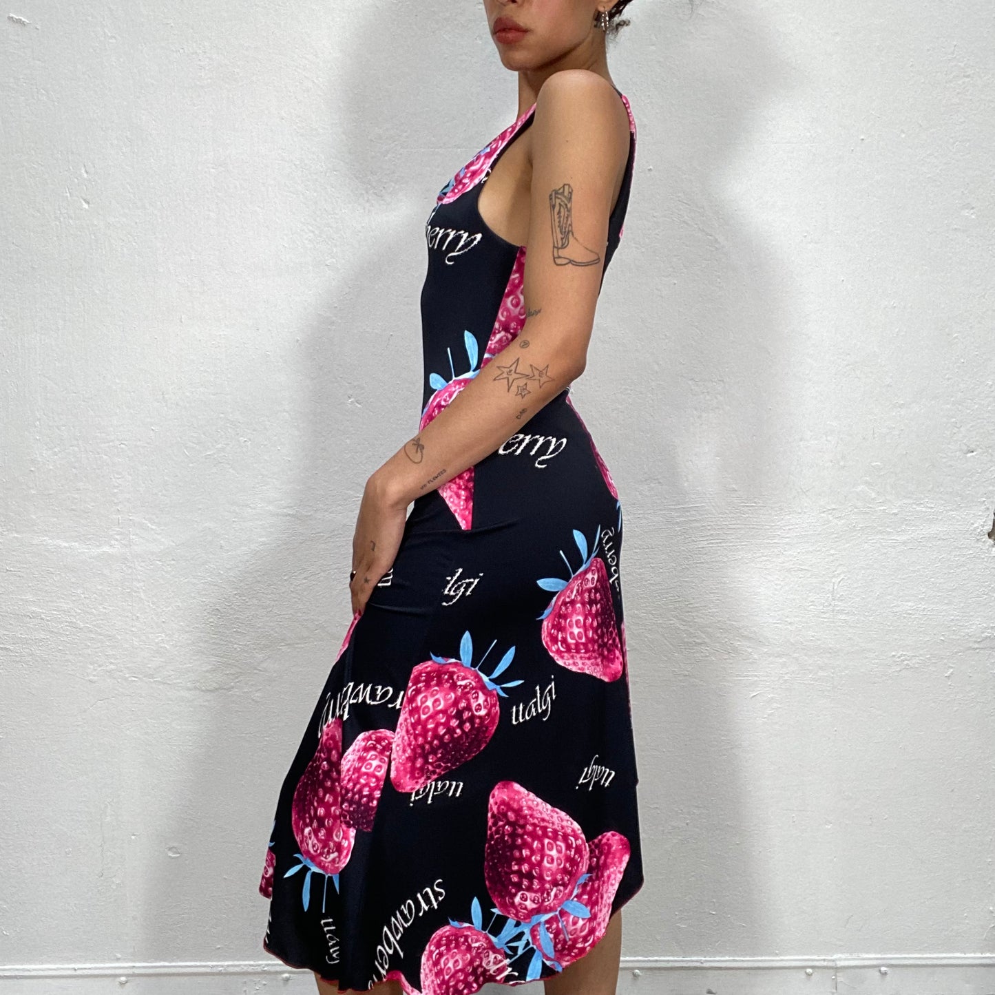 Vintage 2000's Funky Black Midi Dress with Strawberry Print and Asymmetric Hem (S)