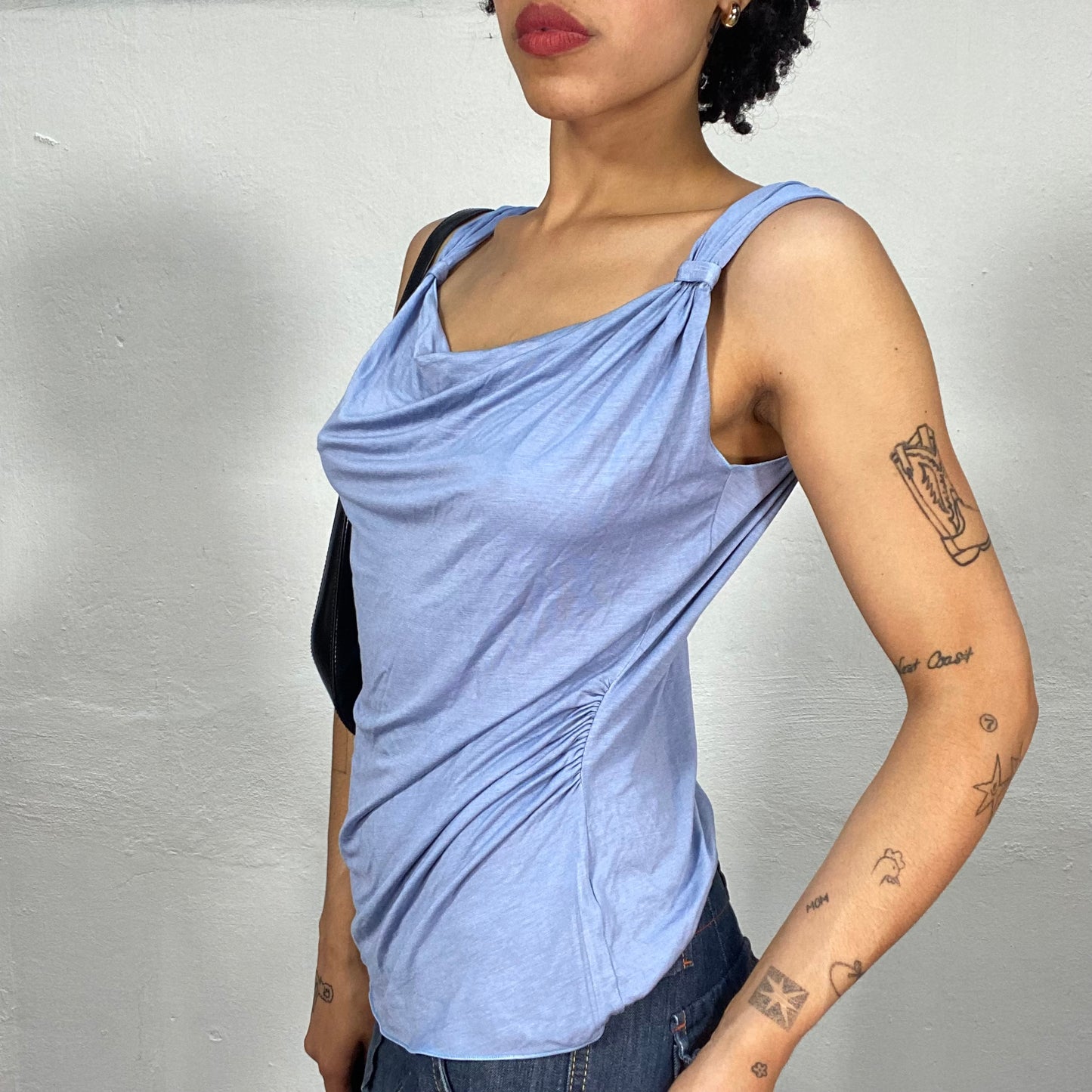 Vintage 2000's Armani Baby Blue Waterfall Neckline Top (M)