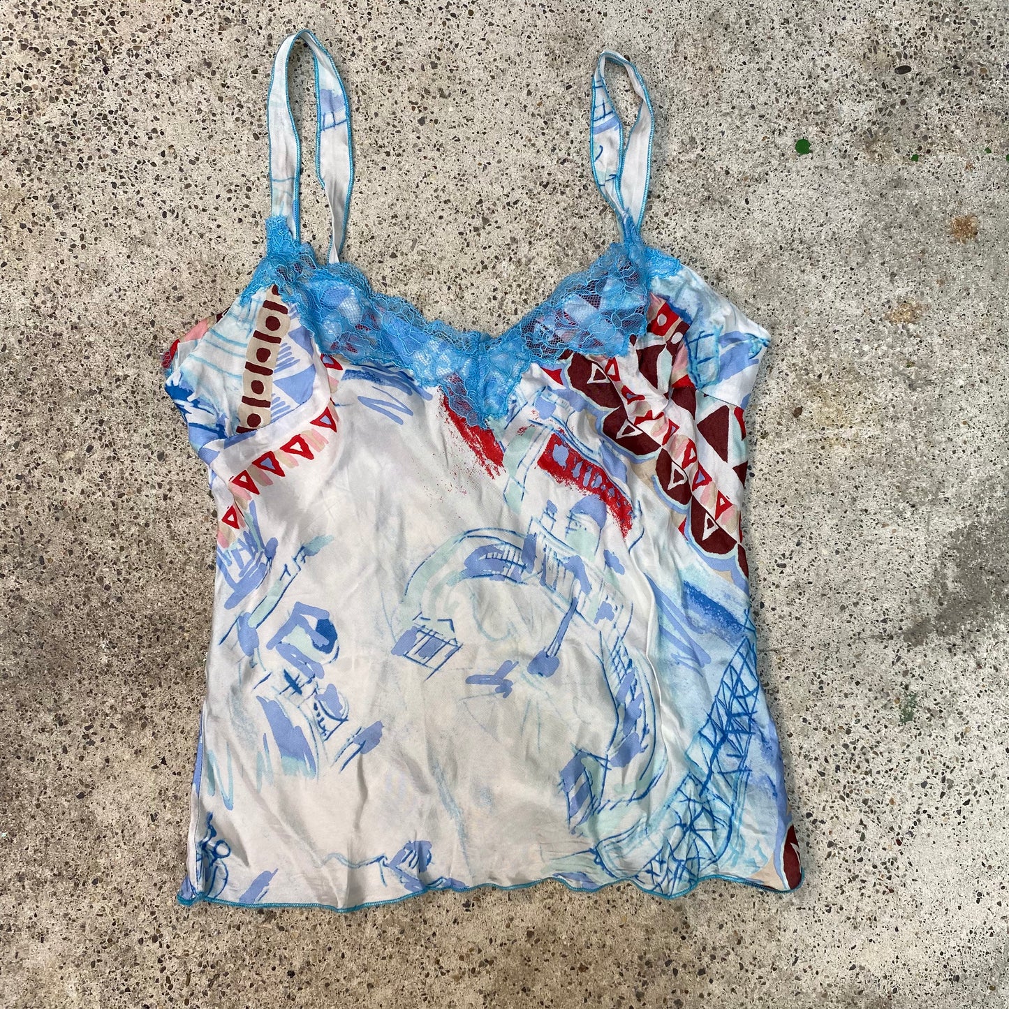 Vintage 90's Funky White Cami Top with Blue Print and Lace Trim (XS)