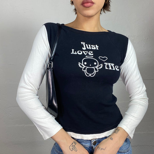 Vintage 2000's Downtown Girl Black Longsleeve Top with Angel "Just Love Me" Print (S)