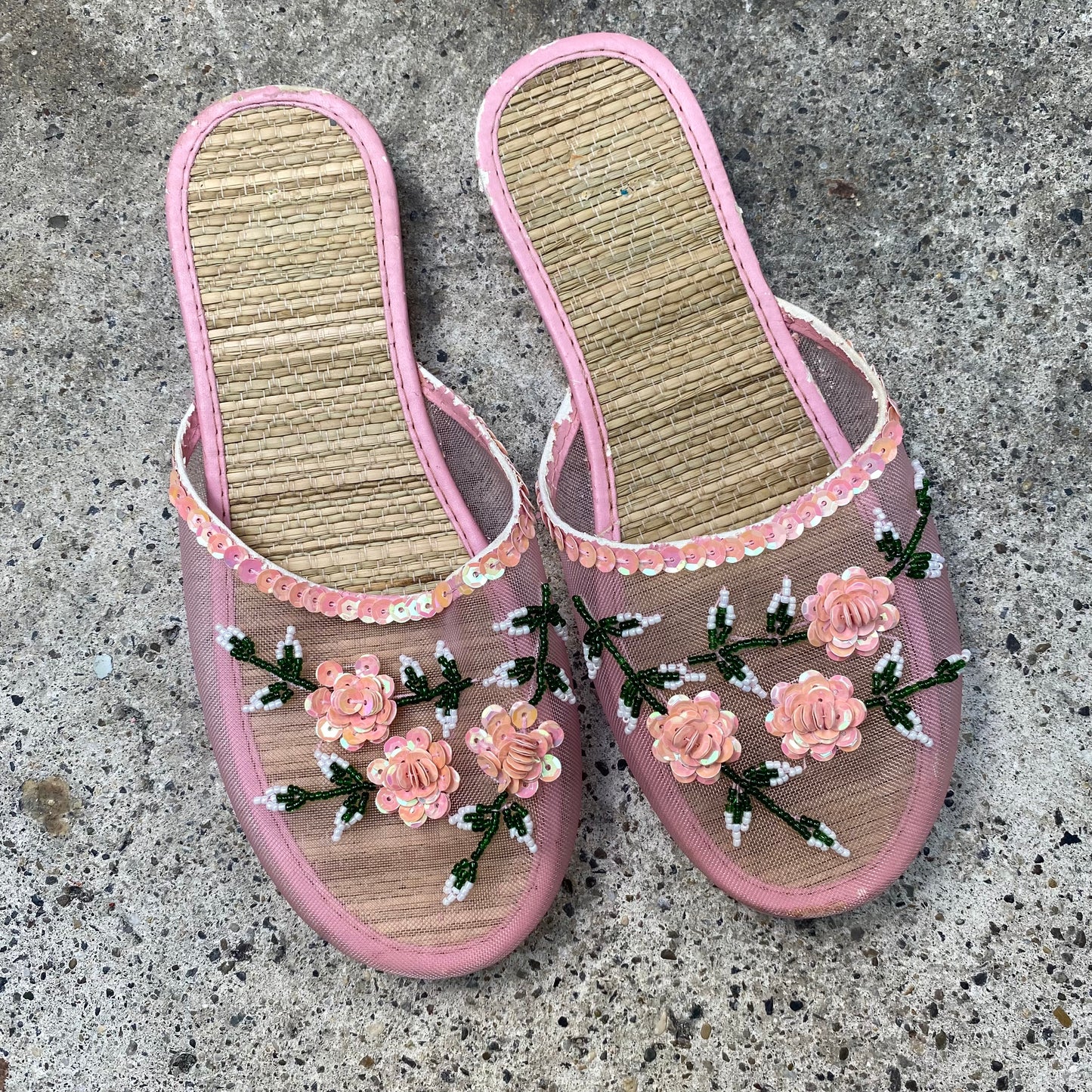 Vintage 2000's Summer Pink Transparent Slip Sandal with Sequin Rosette Detail (36)