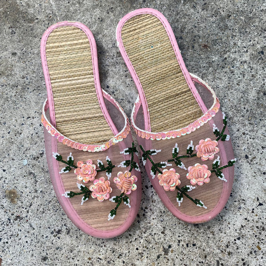 Vintage 2000's Summer Pink Transparent Slip Sandal with Sequin Rosette Detail (36)