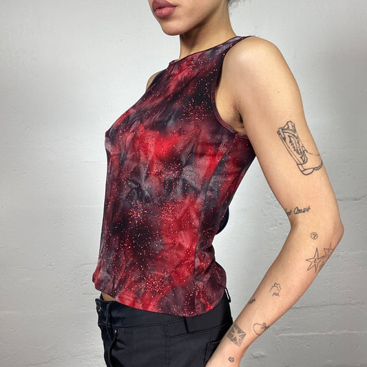 Vintage 2000's Clubwear Red Tie Dye Top with Bright Red Glitter Decoration (S)