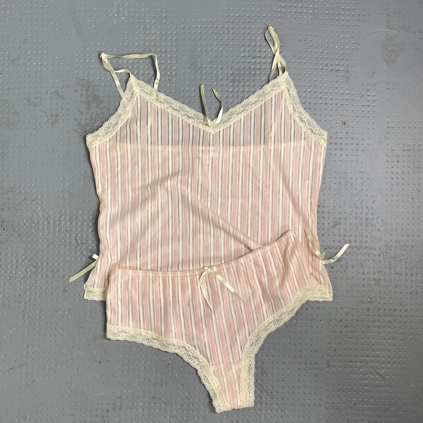 Vintage 2000's Lingerie Soft Girl Light Pink Cami Set with Stripes Print (S)