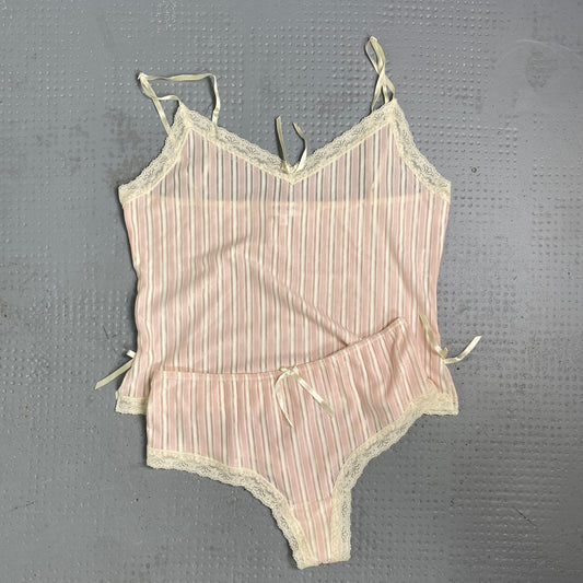 Vintage 2000's Lingerie Soft Girl Light Pink Cami Set with Stripes Print (S)