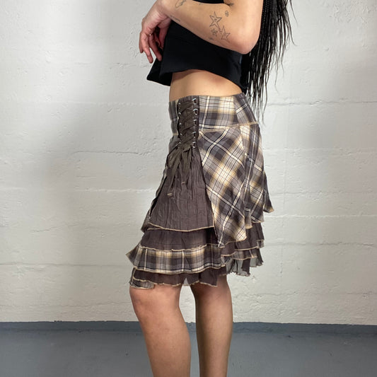 Vintage 90's Grunge Girl Brown Mini Layered Volant Skirt with Tartan Print (S/M)