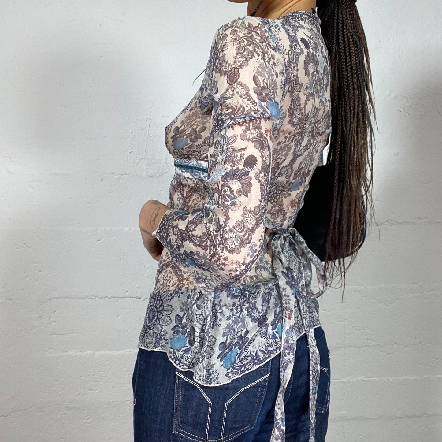Vintage 90's Phoebe Buffay White Mesh Blouse Top with Boho Blue Floral Print (S)