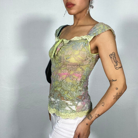 Vintage 2000's Fairy Green Lace Shirt with Bow Detail (S)