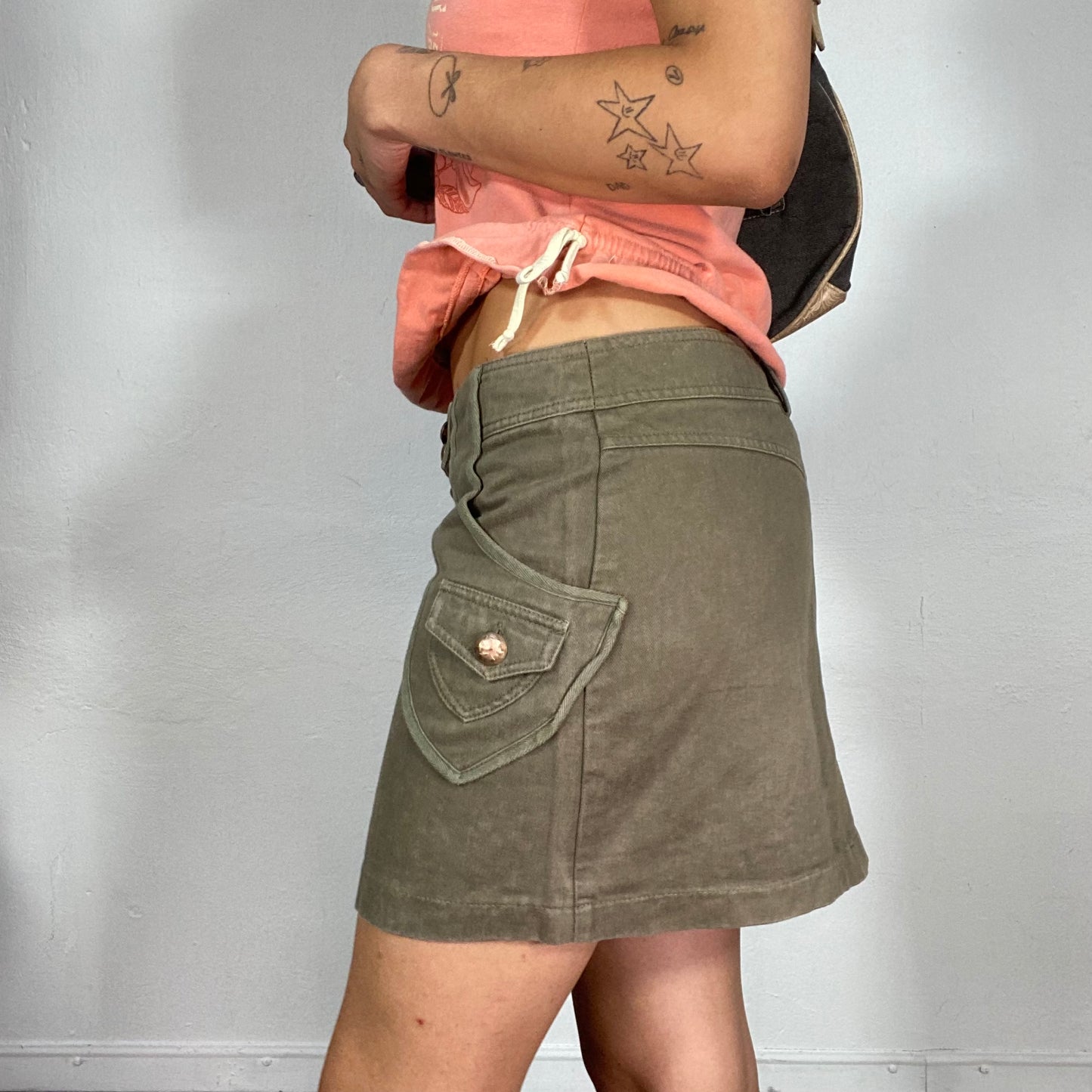 Vintage 90's Street Style Khaki Mini Skirt Roth Bras Buttons (S)