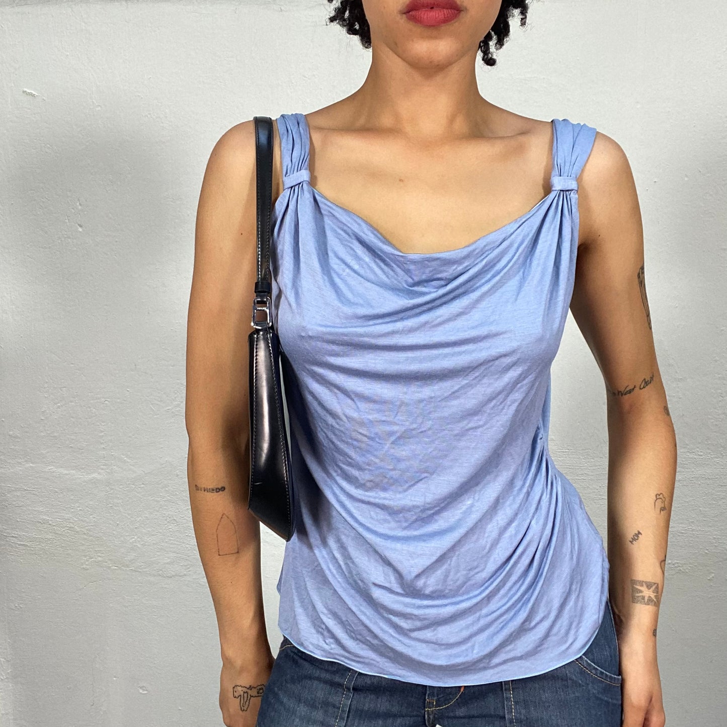 Vintage 2000's Armani Baby Blue Waterfall Neckline Top (M)