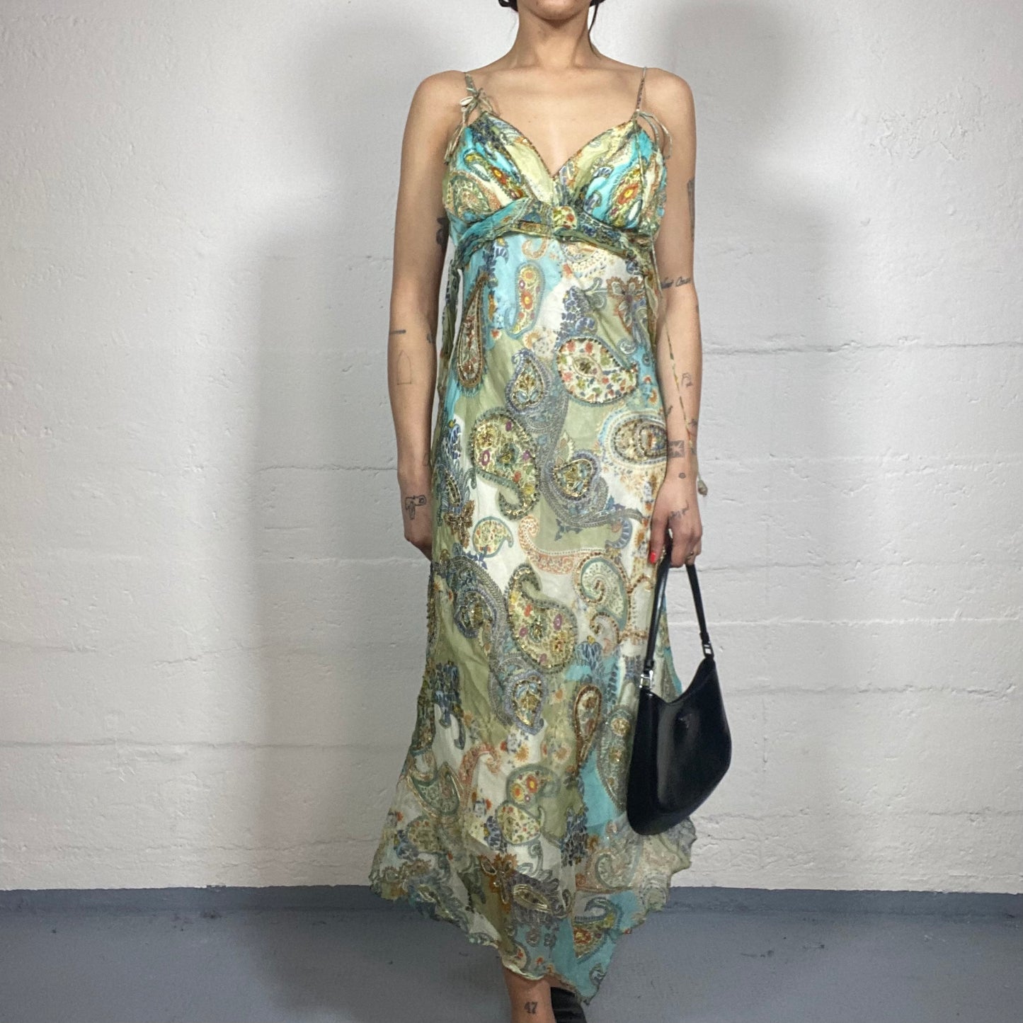 Vintage 90's Indie Turquoise Blue Maxi Paisley Print Dress (M)