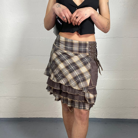 Vintage 90's Grunge Girl Brown Mini Layered Volant Skirt with Tartan Print (S/M)