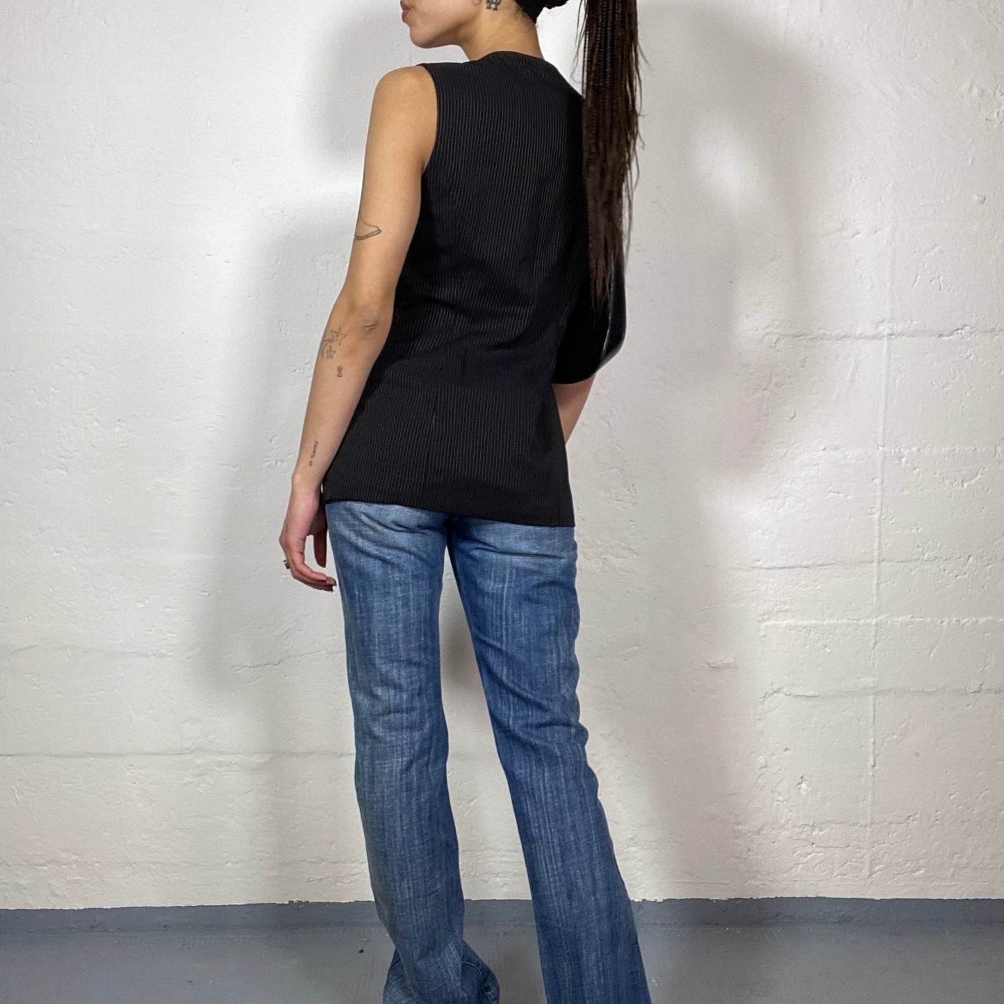 Vintage 2000's Corpcore Girl Black Long Vest Top with Pinestripes Print  (M)