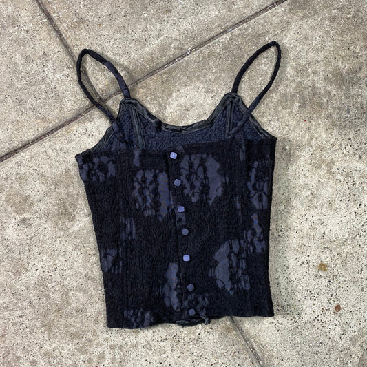 Vintage 90's Gothic Black and Purple Lace Optic Corset Top (XS)