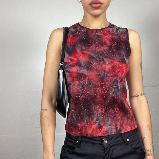 Vintage 2000's Clubwear Red Tie Dye Top with Bright Red Glitter Decoration (S)