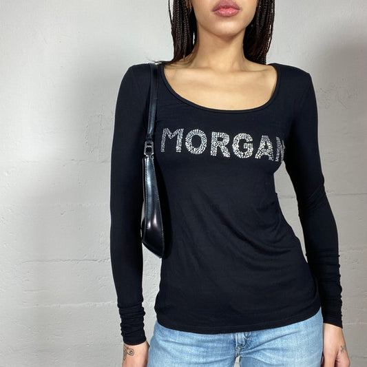 Vintage 90's Morgan Downtown Girl Black Longlseeve Top with Strass Brand Print (S/M)