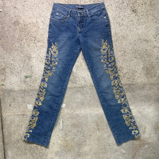 Vintage 2000's Streetwear Straight Leg Jeans with Gold and Blue Floral Embroidery (S)