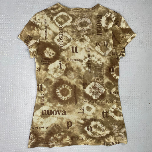 Vintage 2000's Boho Khaki Top with Bleached Typography Print (S)