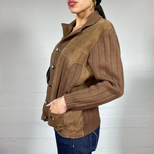 Vintage 90's Fairy Brown Button Up Pullover with Suede Patches Detail (S/M)