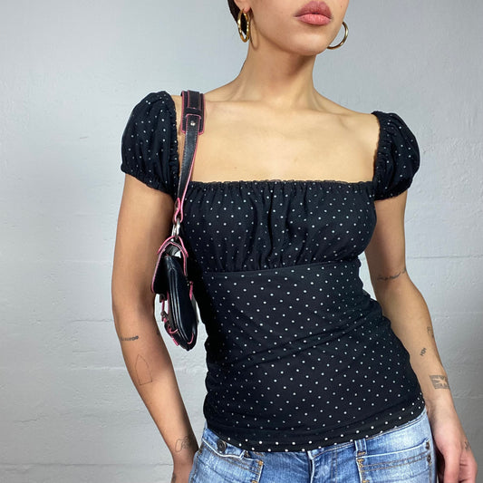 Vintage 2000's Ballet Black Top with White Polka Dots Print and Milkmaid Sleeves (S/M)