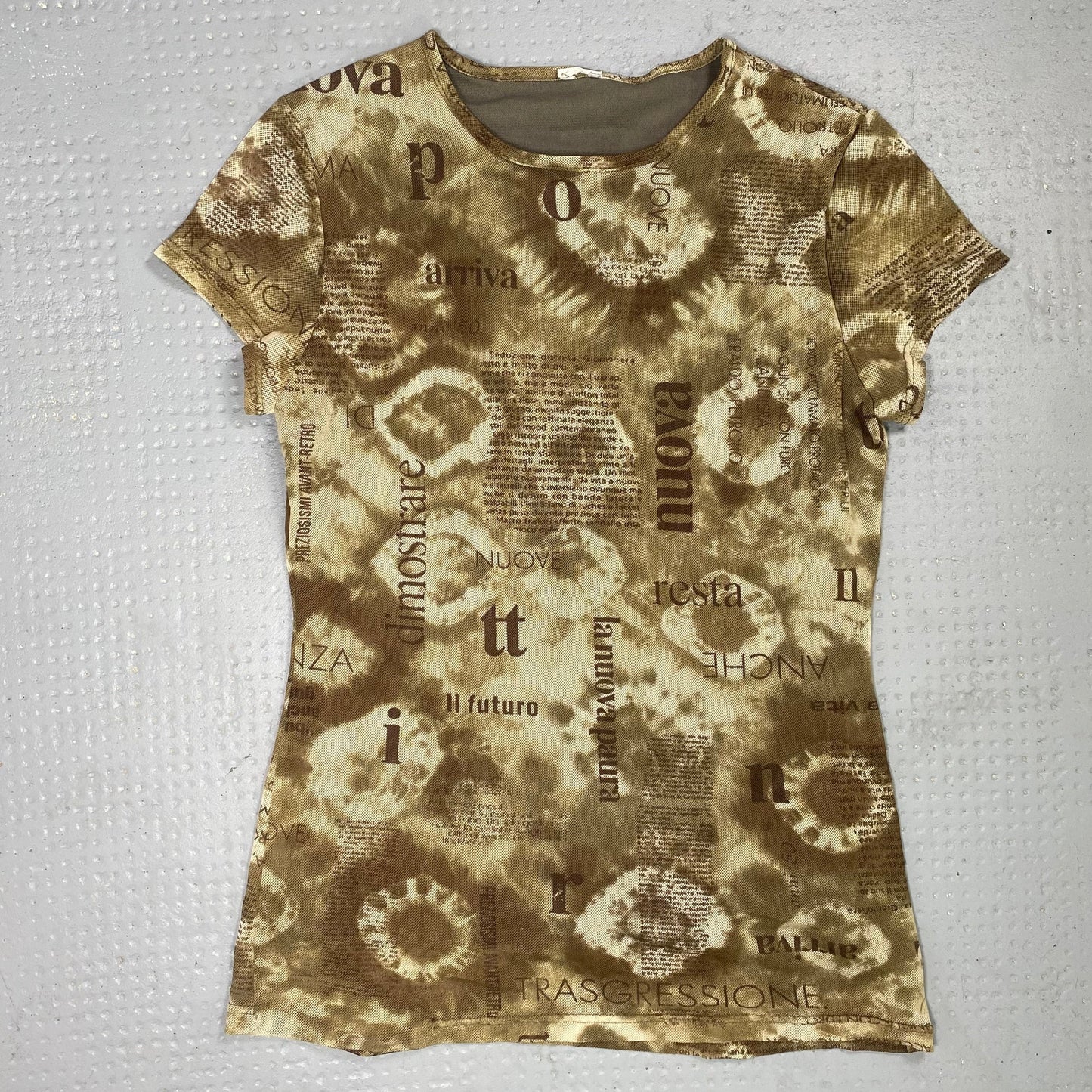 Vintage 2000's Boho Khaki Top with Bleached Typography Print (S)