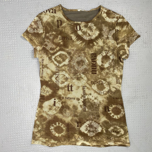 Vintage 2000's Boho Khaki Top with Bleached Typography Print (S)