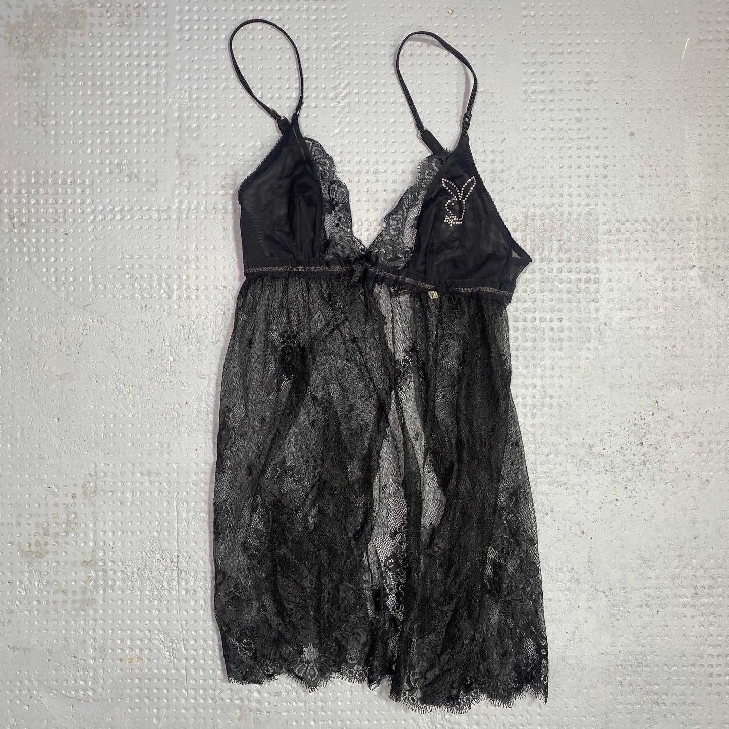 Vintage 2000's Playboy Lingerie Black Mesh Lace Textured Open Top (S)