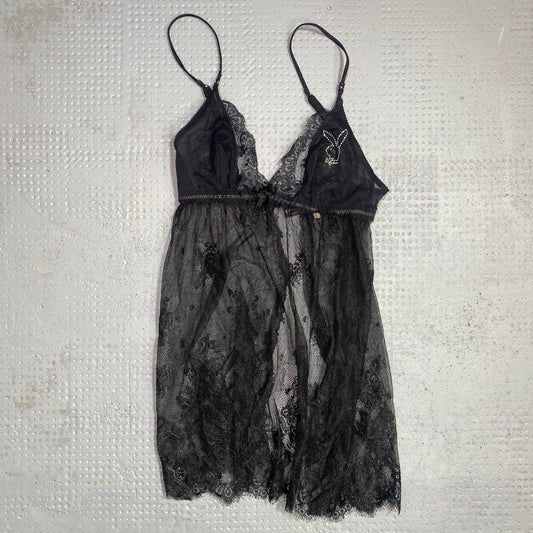 Vintage 2000's Playboy Lingerie Black Mesh Lace Textured Open Top (S)