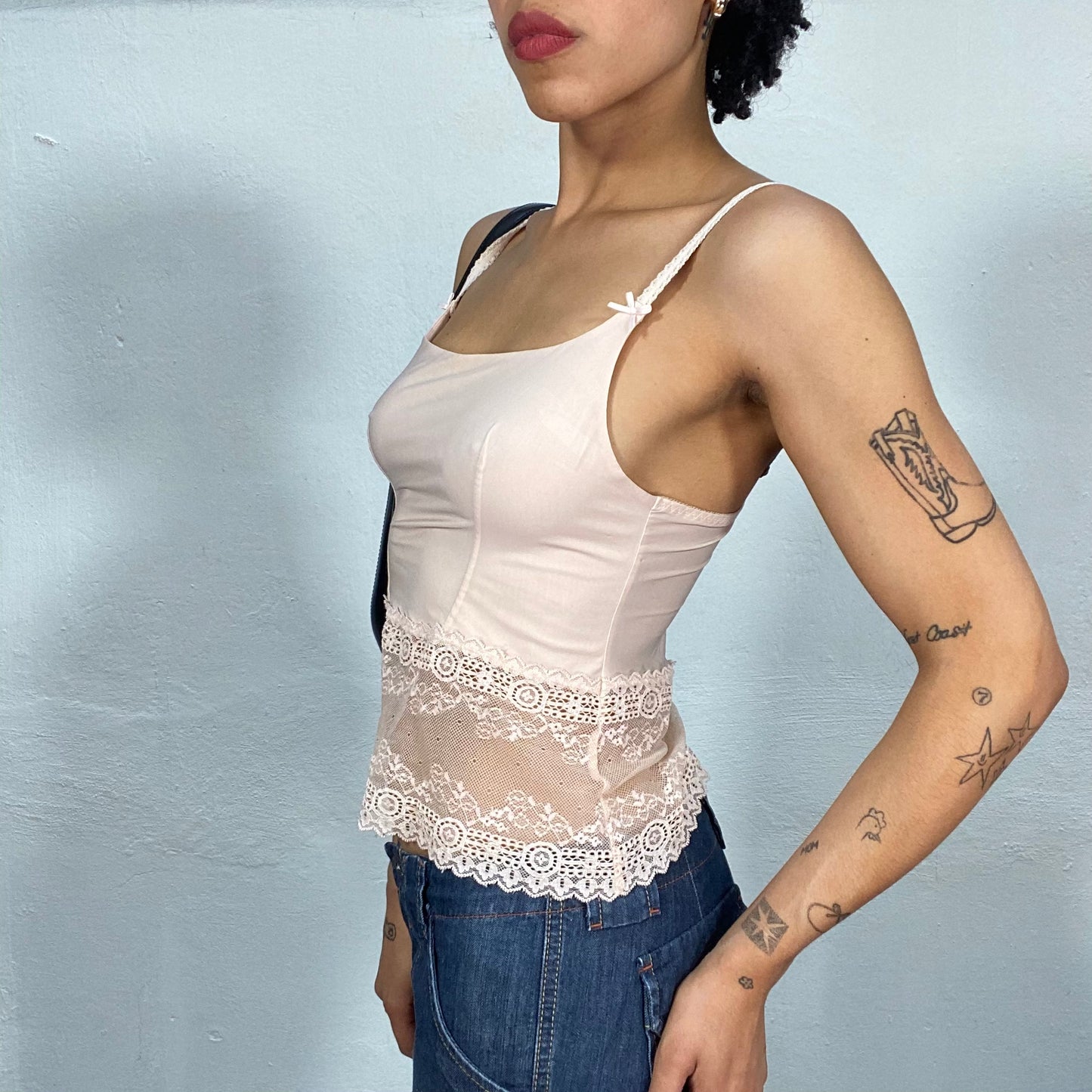 Vintage 2000's Coquette Baby Pink Cami Top with Lace Waist Part (S)