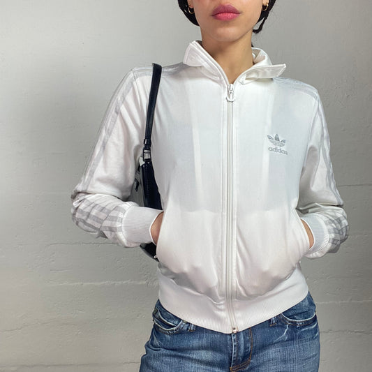 Vintage 2000's Adidas Sporty White Zip Up Jacket with Grey Brand Tri-Stripes Print Detail (S/M)