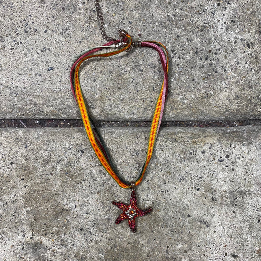 Vintage 2000's Summer Rhinestone Sea Star Pendant Necklace with Multicolor Ribbon