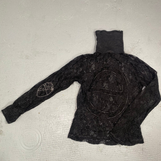 Vintage 90's Elite Sleaze Black Highneck Longsleeve Top with Mesh Lace Material (S/M)