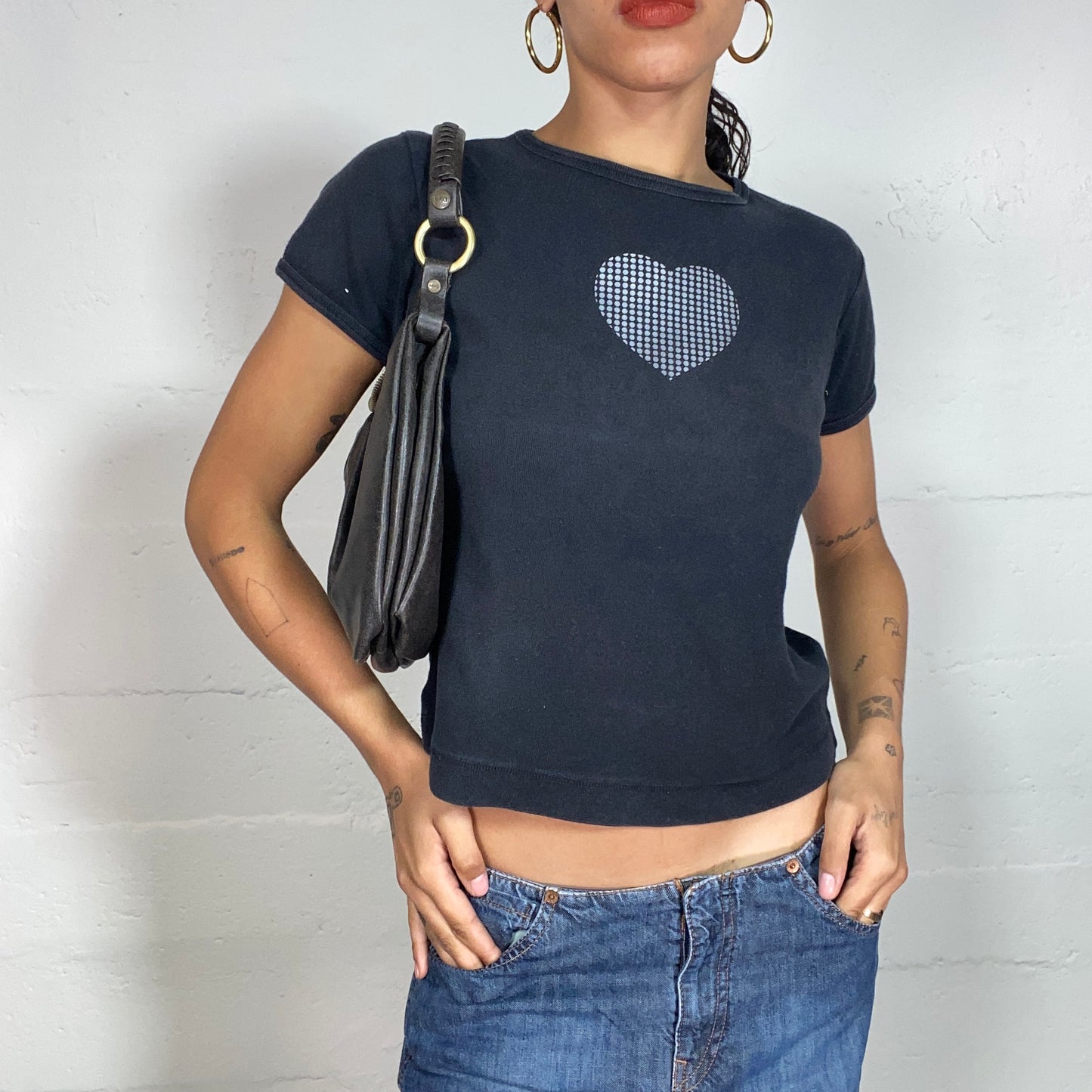 Vintage 90's Rachel Green Black Top with Grey Dotted Heart Print Detail (S)