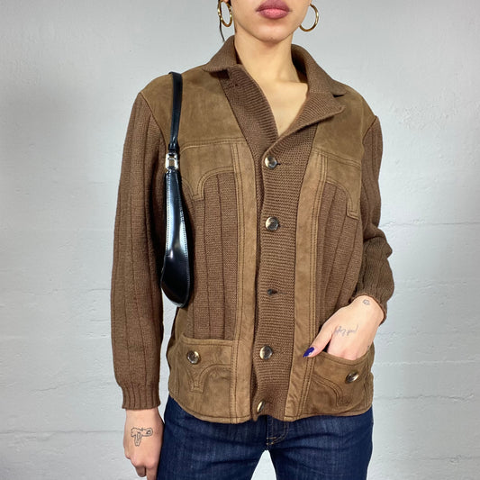 Vintage 90's Fairy Brown Button Up Pullover with Suede Patches Detail (S/M)