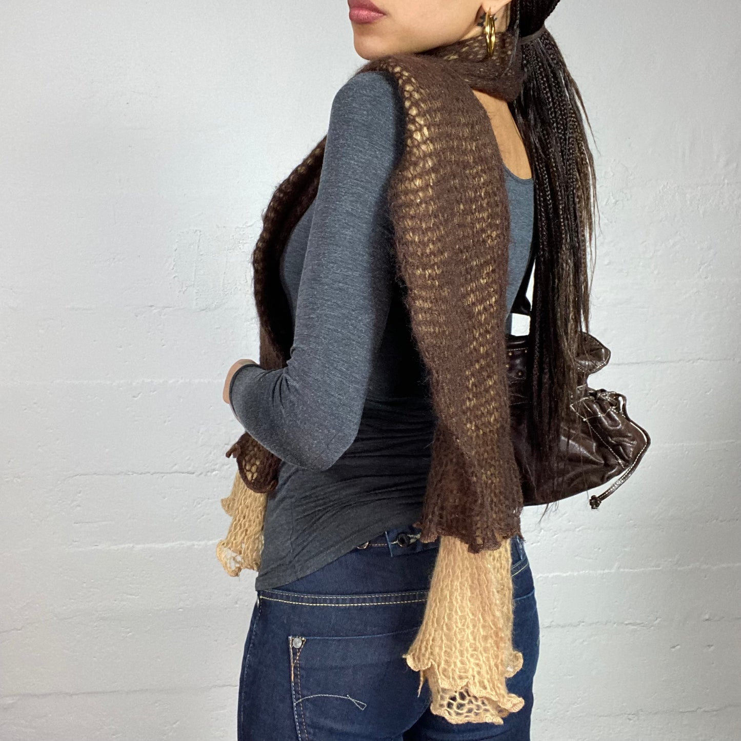 Vintage 2000's Camel and Brown Crochet Layered Scarf