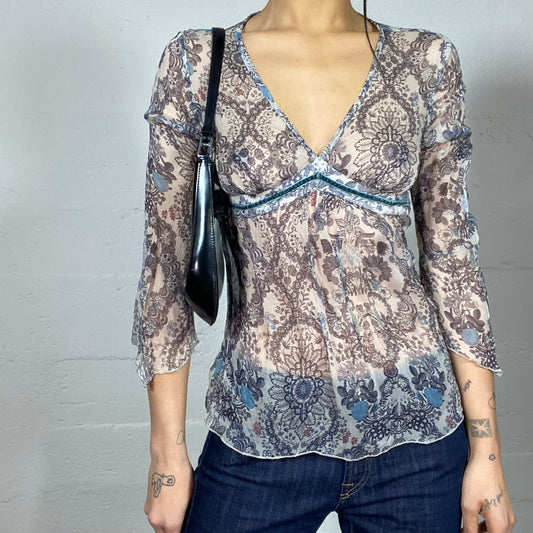 Vintage 90's Phoebe Buffay White Mesh Blouse Top with Boho Blue Floral Print (S)