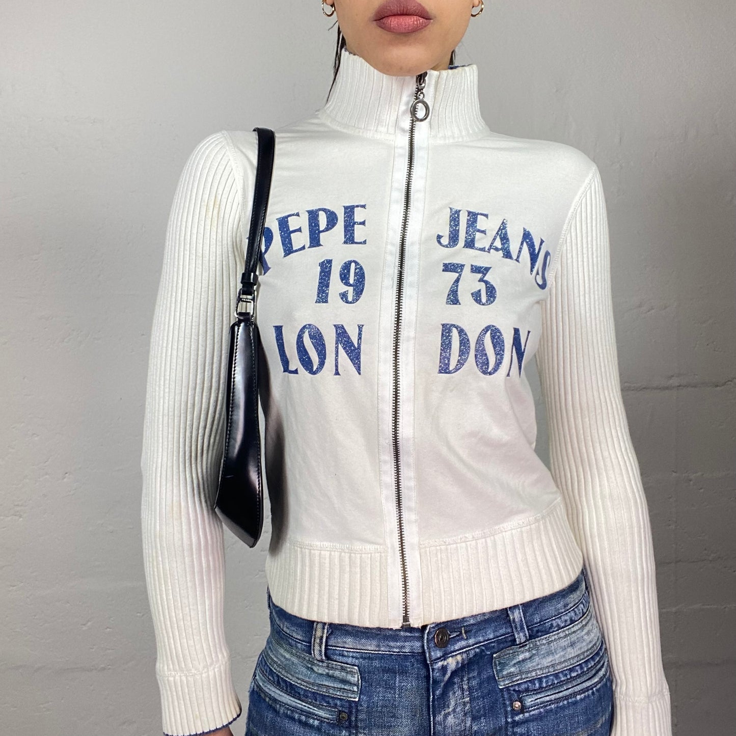 Vintage 2000's Pepe Jeans Sporty White Zip Up Sweater with Blue Brand "London 73" Print (S)
