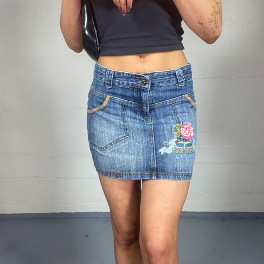 Vintage 2000's Archive Denim Mini Skirt with Pink Rose Embroidery Detail (S/M)