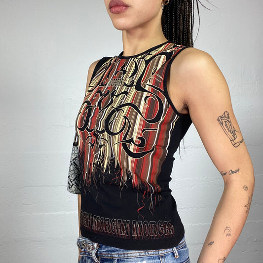 Vintage 2000's Morgan Rave Black Top with Flames & Tribal Print (S)