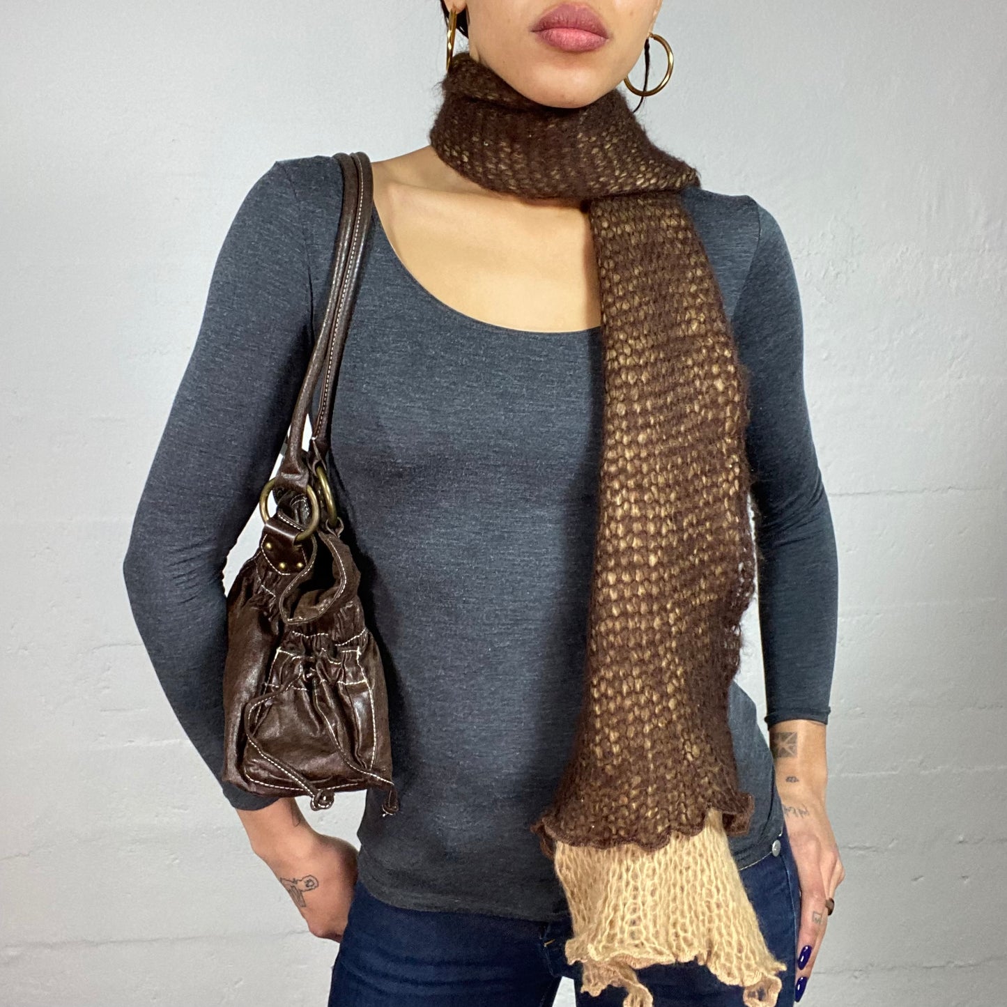 Vintage 2000's Camel and Brown Crochet Layered Scarf
