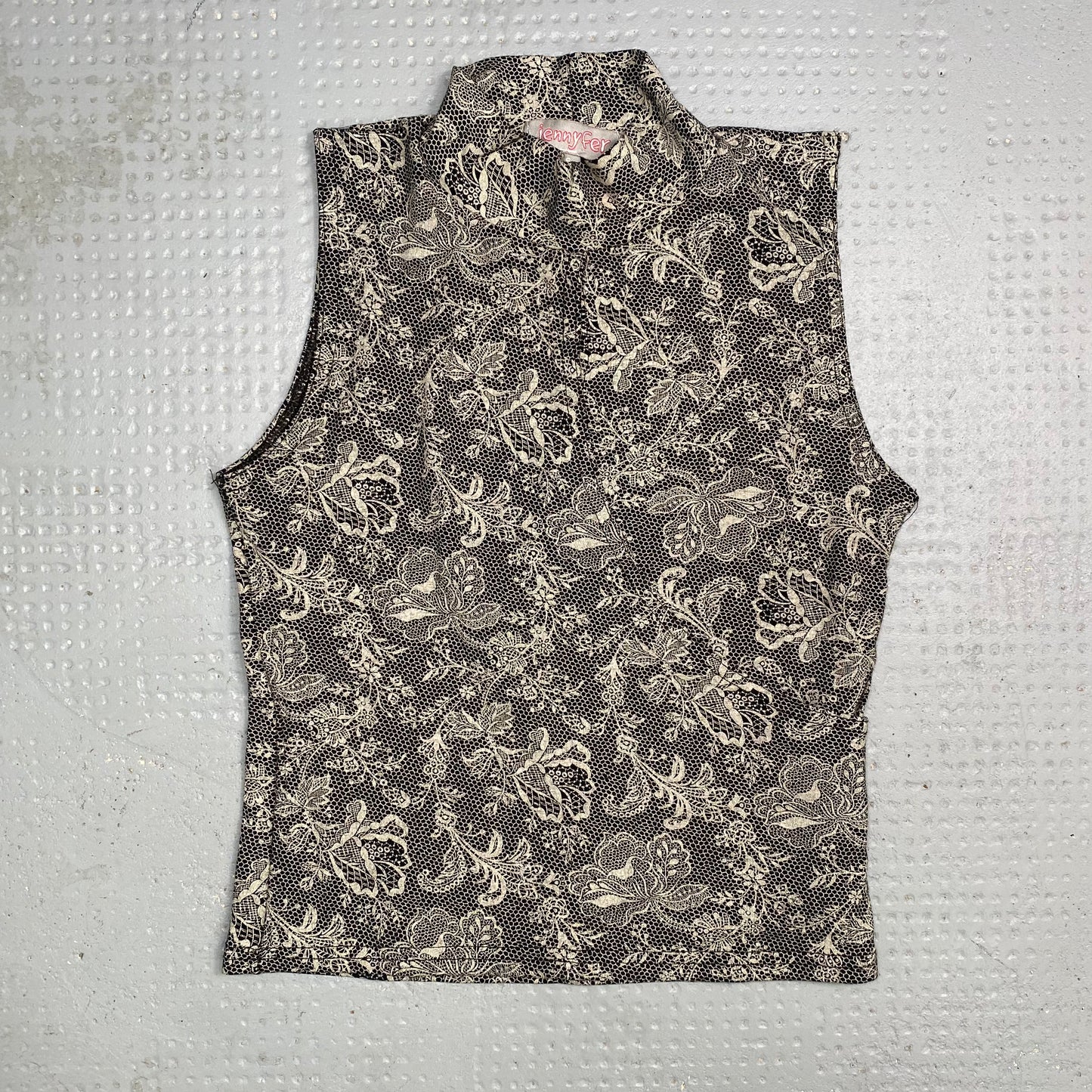 Vintage 90's Rachel Green Grey Highneck Top with Floral Print Detail (S)