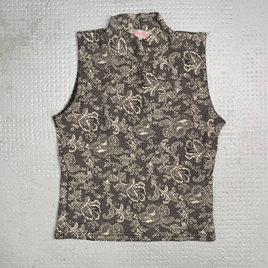 Vintage 90's Rachel Green Grey Highneck Top with Floral Print Detail (S)