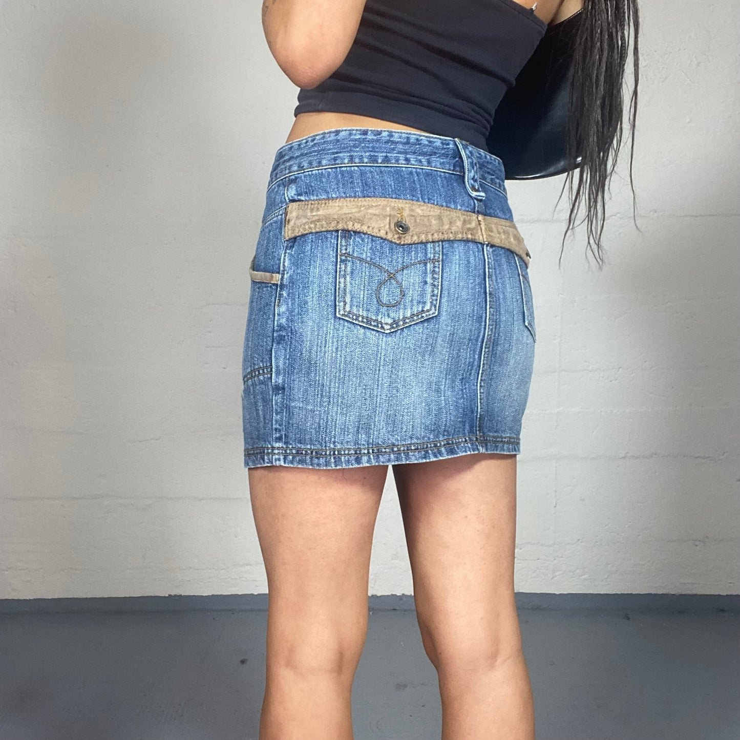 Vintage 2000's Archive Denim Mini Skirt with Pink Rose Embroidery Detail (S/M)