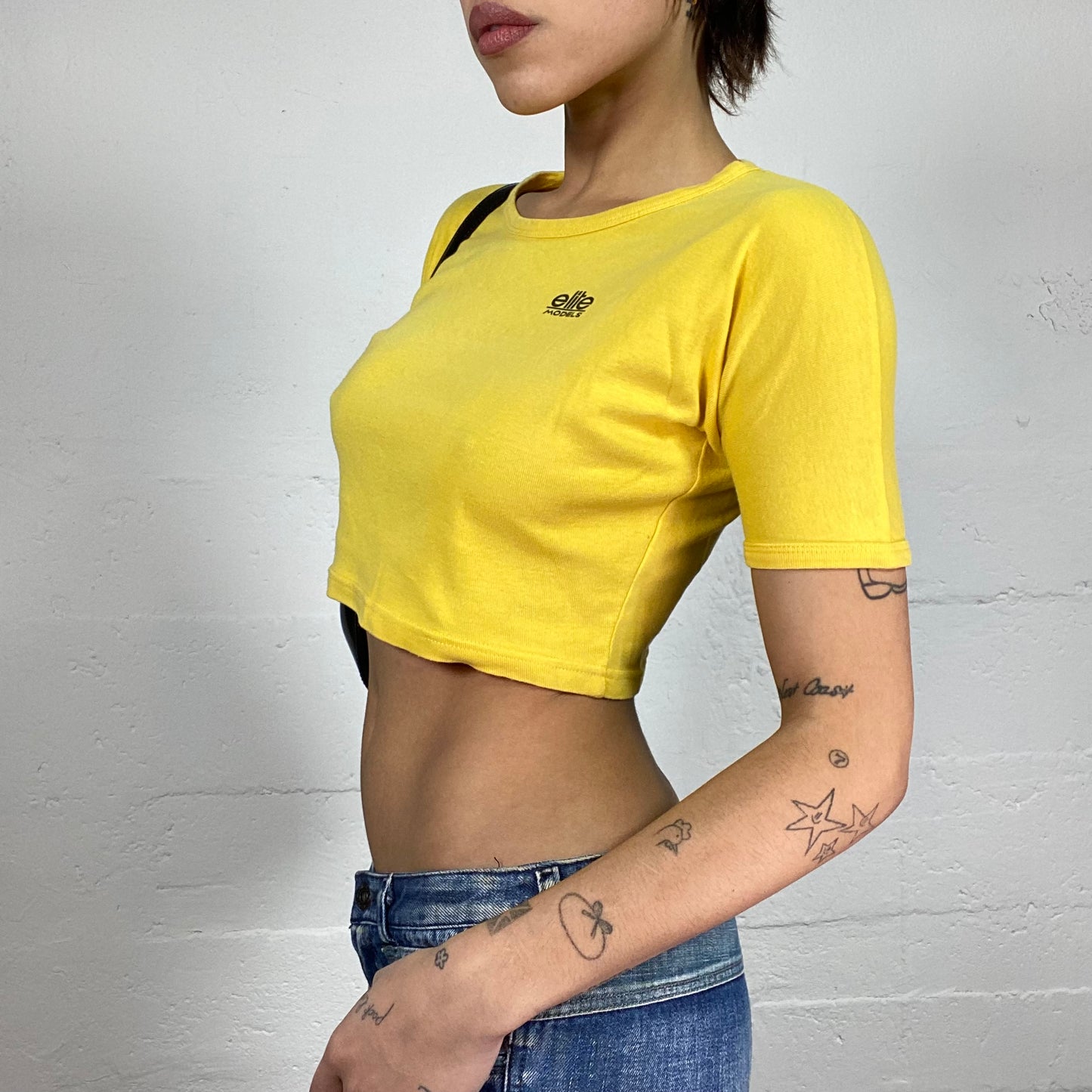 Vintage 2000's Elite Sleaze Girl Yellow Crop Top with Brand Print Detail (M)