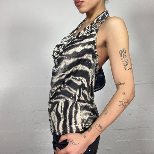 Vintage 2000's Morgan Clubwear Beige Neckholder Top with Zebra Print and Sequins Decoration (S/M)