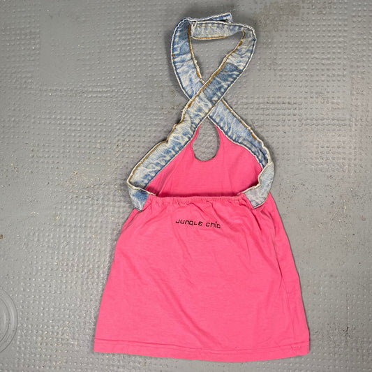Vintage 2000's Downtown Girl Denim Neckholder Top with Pink Body (S/M)