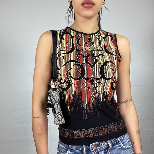 Vintage 2000's Morgan Rave Black Top with Flames & Tribal Print (S)