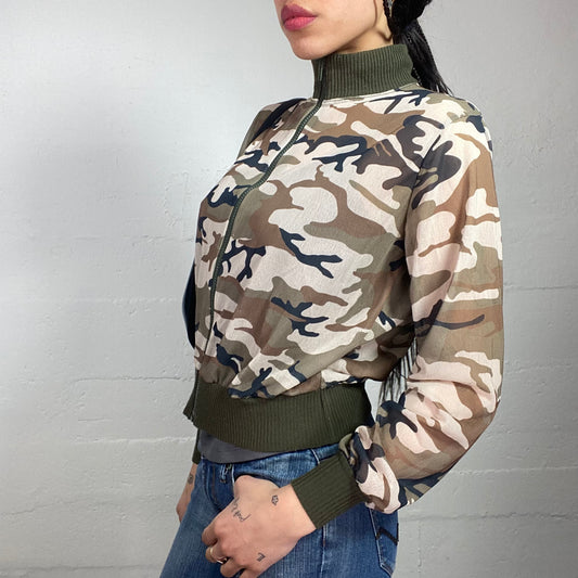 Vintage 2000's Rave Khaki Zip Up Jacket with Camo Print Covering (M)