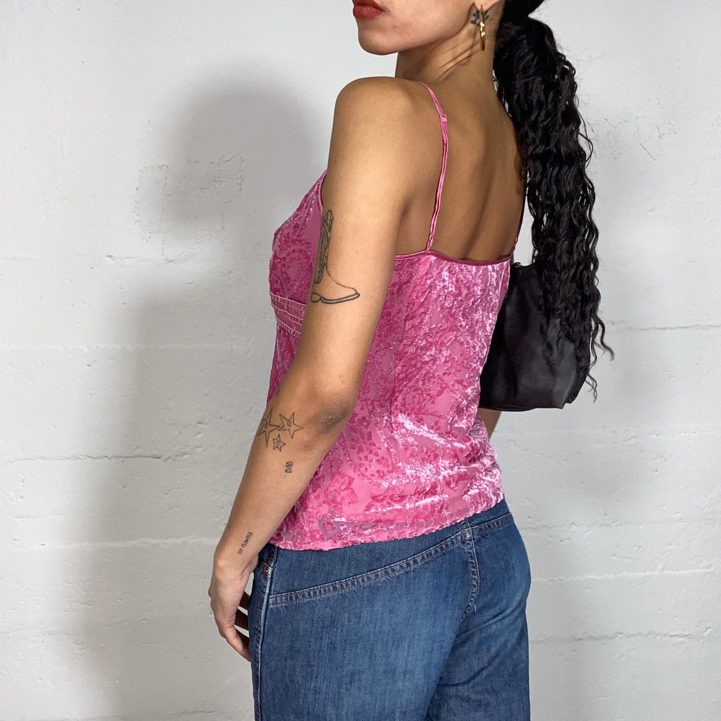 Vintage 90's Summer Pink Velvet Top with Paisley Textured Print (S/M)